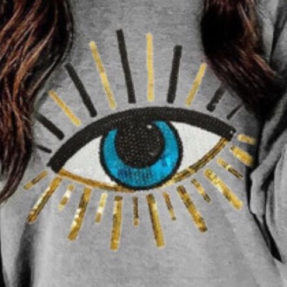 Sequin EVIL Eye 👁 Off Shoulder Long Sleeve Shirt - Picture 3 of 6